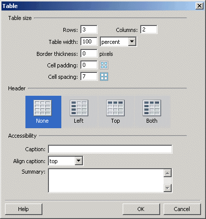 The Table dialog box